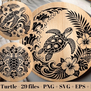 Havssköldpadda SVG-paket / tropisk sköldpadda-klippfil / hibiskus-oceanvåg PNG (29 filer) (digital nedladdning - kommersiellt bruk)