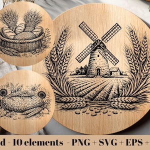 Könnte beinhalten: Runde Holzschneidebretter mit gravierten Designs zum Thema Brot. Ein Brett zeigt eine Windmühle in einem Weizenfeld, ein anderes einen Brotkorb und ein drittes ein Brot mit Sonnenblumen. Der Text "Bread - 10 elements - PNG + SVG + EPS + DXF" steht unten.