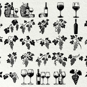 Op de afbeelding: Zwart-witte illustraties van wijnflessen, druiven, wijnglazen en vaten. De illustraties zijn in vintage stijl.