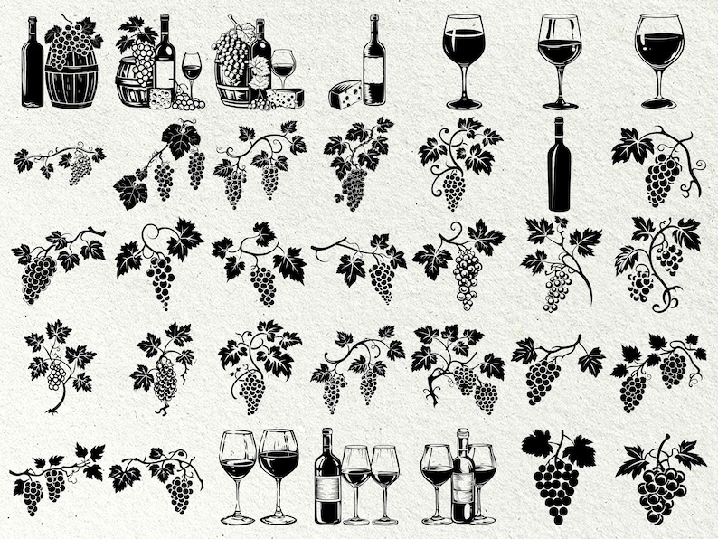Op de afbeelding: Zwart-witte illustraties van wijnflessen, druiven, wijnglazen en vaten. De illustraties zijn in vintage stijl.