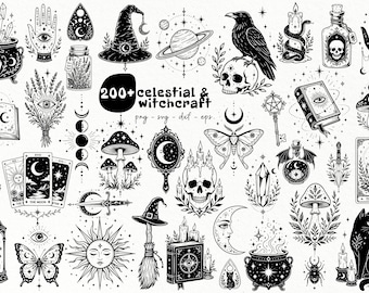 Paquete de archivos SVG místicos / Diseños SVG de brujería / PNG mágico celestial / Archivos SVG de brujería para láser (más de 200 archivos) (Uso comercial)