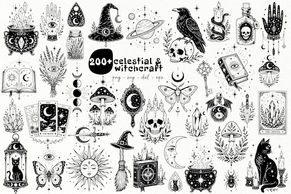 Mystical SVG Bundle / Witchcraft svg Designs / Celestial Magical PNG / Witchy SVG Files for Laser (200+ files) (Commercial Use)