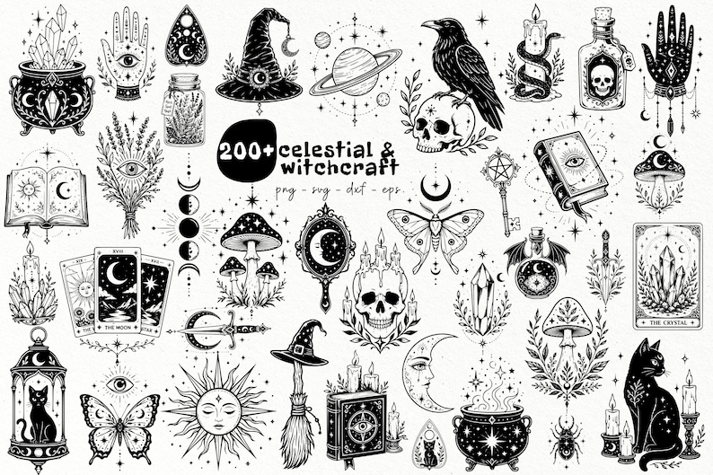 Paquete de archivos SVG místicos / Diseños SVG de brujería / PNG mágico celestial / Archivos SVG de brujería para láser (más de 200 archivos) (Uso comercial) imagen 1