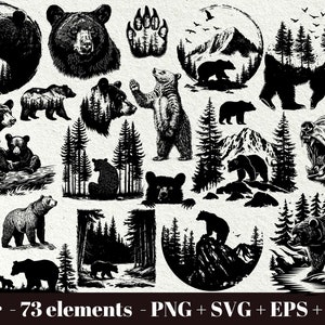 Orso in formato SVG o PNG / Pacchetto SVG Orso Grizzly / File di taglio Svg della testa dell'orso / Orso e montagne SVG / Orso nel bosco / Uso commerciale / Laser