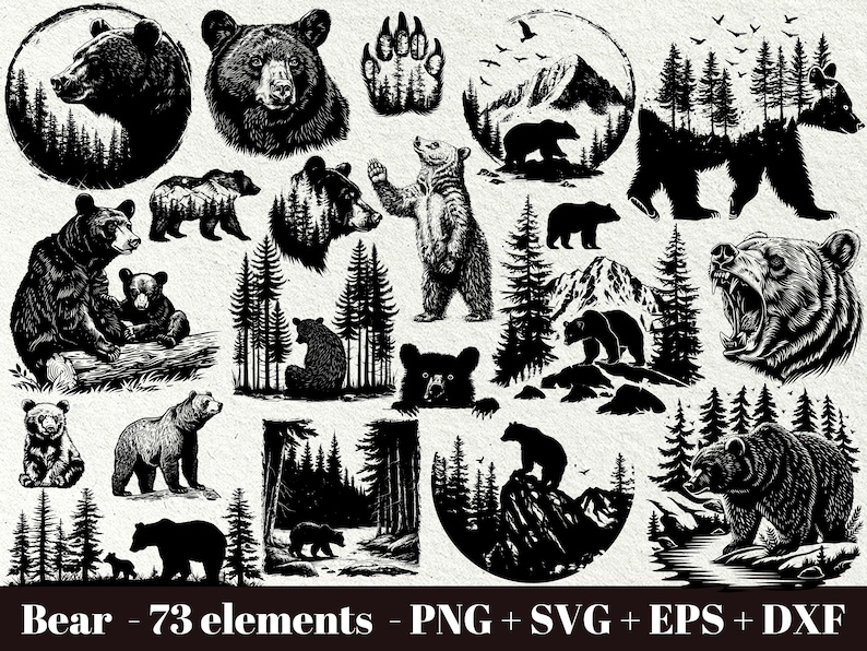 May include: A collection of 73 black and white vector illustrations of bears in various poses, including standing, sitting, and walking. The illustrations also include trees, mountains, and paw prints.  Bear - 73 elements - PNG + SVG + EPS + DXF
