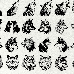 Peut inclure: Une collection de 24 illustrations de t&ecirc;tes de loup en noir et blanc. Les loups sont repr&eacute;sent&eacute;s dans diverses poses, notamment en train de hurler, de grogner et de regarder droit devant. Les illustrations sont d&eacute;taill&eacute;es et r&eacute;alistes, avec des lignes nettes et des motifs de fourrure complexes.