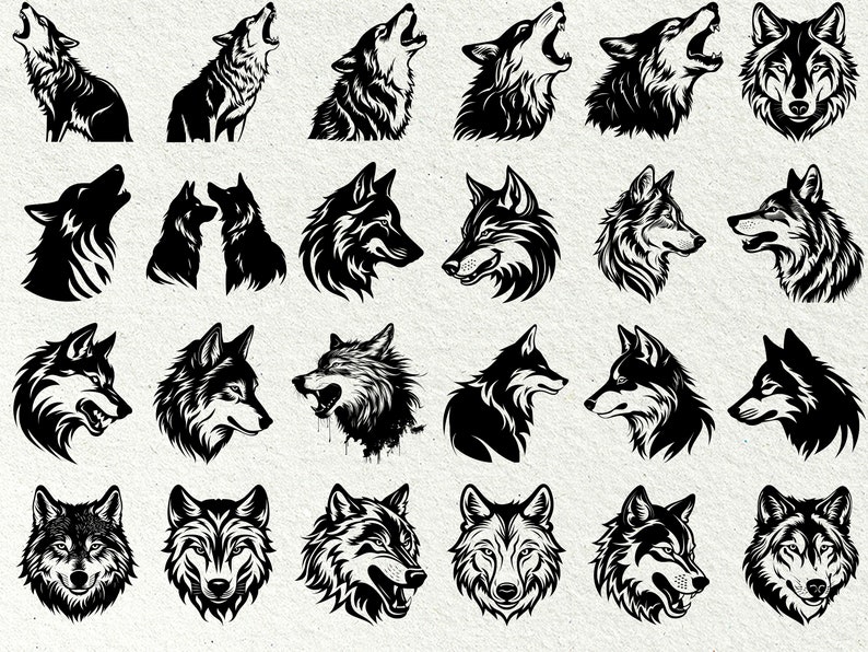 Peut inclure: Une collection de 24 illustrations de t&ecirc;tes de loup en noir et blanc. Les loups sont repr&eacute;sent&eacute;s dans diverses poses, notamment en train de hurler, de grogner et de regarder droit devant. Les illustrations sont d&eacute;taill&eacute;es et r&eacute;alistes, avec des lignes nettes et des motifs de fourrure complexes.