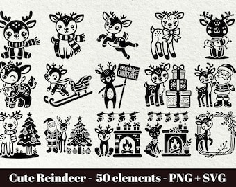 Leuk kerstrendier PNG / rendieren Svg-bestanden voor Cricut / rendieren met slee-bestanden / rendier met verlichting svg / commercieel gebruik clipart