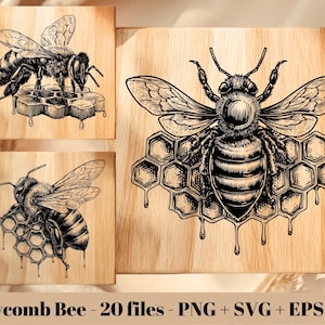 May include: Three square wooden panels featuring black ink illustrations of a bee perched on a honeycomb. The largest panel on the right displays a detailed bee with wings spread over dripping honeycomb. Text at the bottom reads Honeycomb Bee - 20 files - PNG + SVG + EPS + DXF.