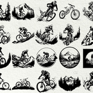 Puede incluir: Una colecci&oacute;n de 20 ilustraciones en blanco y negro de ciclistas de monta&ntilde;a que montan en senderos. Las ilustraciones est&aacute;n en una variedad de poses y estilos, y todas est&aacute;n ambientadas en un fondo de monta&ntilde;as y &aacute;rboles.