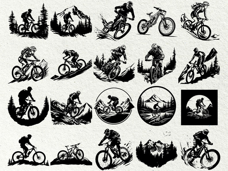 Puede incluir: Una colecci&oacute;n de 20 ilustraciones en blanco y negro de ciclistas de monta&ntilde;a que montan en senderos. Las ilustraciones est&aacute;n en una variedad de poses y estilos, y todas est&aacute;n ambientadas en un fondo de monta&ntilde;as y &aacute;rboles.