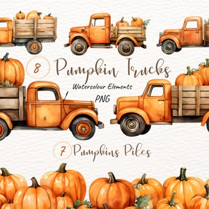8 Pumpkin Truck Clipart / Watercolor pumpkin truck / Fall PNG bundle 300dpi / Watercolor pumpkin png / Free Commercial Pumpkin Clipart