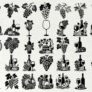 Op de afbeelding: Zwart-witte illustraties van wijnflessen, druiven, wijnglazen en vaten. De illustraties zijn in vintage stijl.