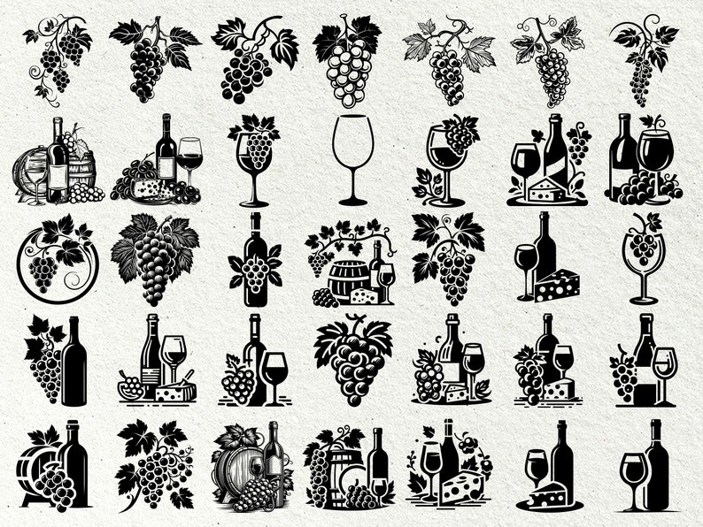 Op de afbeelding: Zwart-witte illustraties van wijnflessen, druiven, wijnglazen en vaten. De illustraties zijn in vintage stijl.