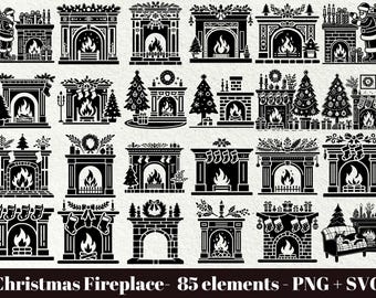 Puede incluir: Un conjunto de 85 ilustraciones vectoriales en blanco y negro de chimeneas navideñas. Las ilustraciones incluyen varios estilos de chimeneas, con y sin decoraciones, como coronas, calcetines y velas. Algunas ilustraciones también incluyen árboles de Navidad, regalos y otros elementos festivos.