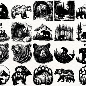 May include: A collection of black and white bear silhouette illustrations. The bears are depicted in various poses, including standing, sitting, and walking. Some of the illustrations feature a mountain range in the background, while others feature a forest or a paw print.