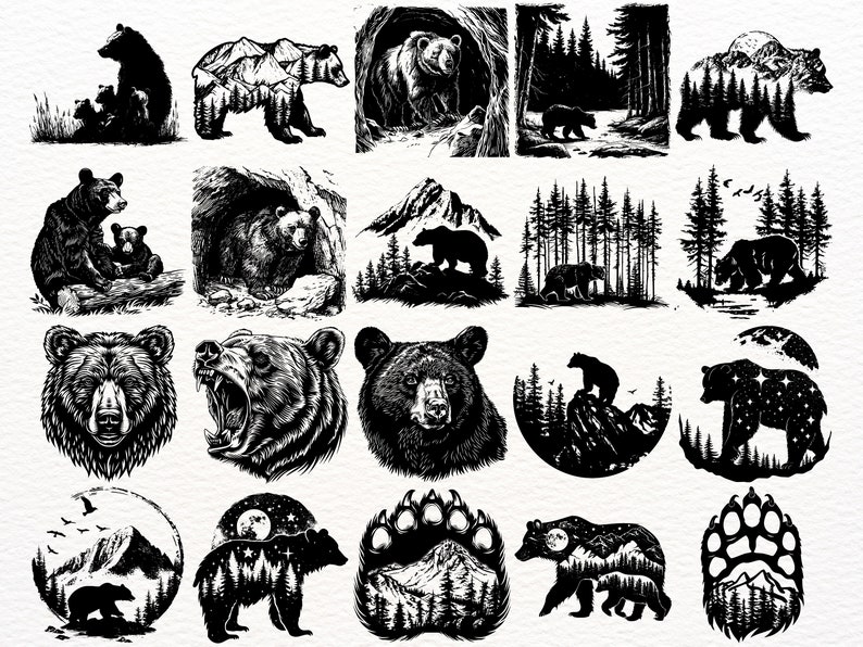 May include: A collection of black and white bear silhouette illustrations. The bears are depicted in various poses, including standing, sitting, and walking. Some of the illustrations feature a mountain range in the background, while others feature a forest or a paw print.