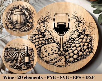 SVG-bundel wijn en kaas / Grapevine-laserbestand / wijngaardlandschap (20 bestanden) direct downloaden