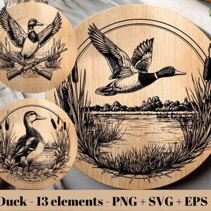 Mallard Duck SVG Bundle / Hunting Laser Engraving File / Flying Wild Duck Scene PNG (19 files) (Digital Download - Commercial Use)