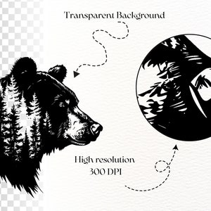 May include: Black and white illustration of a bear's head with a forest inside. The bear is looking to the right. The image has a transparent background.