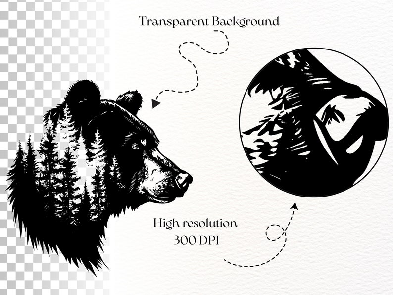 May include: Black and white illustration of a bear's head with a forest inside. The bear is looking to the right. The image has a transparent background.