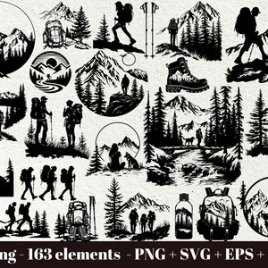 Lot de svg randonnée / svg scène de forêt / fichier SVG de randonnée / randonneur en montagne svg / téléchargement immédiat / montagne Svg Bundle / paysage forestier