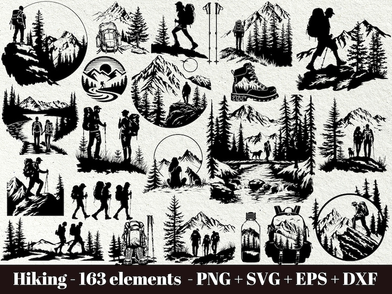 May include: Black and white illustrations of hiking-themed elements. The image includes silhouettes of hikers, mountains, trees, backpacks, and hiking boots. The text "Hiking - 163 elements - PNG + SVG + EPS + DXF" is at the bottom.