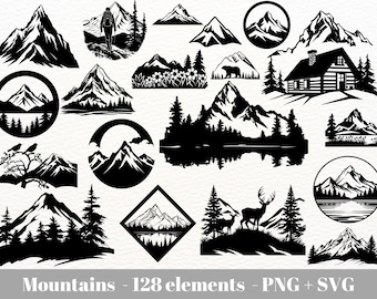 File svg montagne / Catena montuosa svg / Montagna e fiume svg / Pacchetto svg natura / Silhouette montagna svg / Scena montagna svg