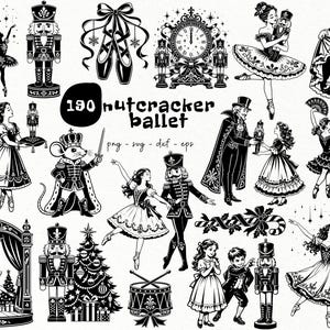 May include: A collection of black and white digital illustrations featuring Nutcracker ballet themes, including dancers, nutcracker figures, a mouse king, a Christmas tree, a clock, ballet slippers, and a drum, with the text 190 nutcracker ballet.
