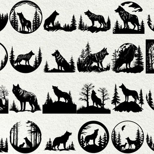 Peut inclure: Une collection de 20 images en silhouette noire et blanche de loups dans diff&eacute;rentes poses, certains hurlant, certains debout, certains assis, tous entour&eacute;s d'arbres et de feuillage.