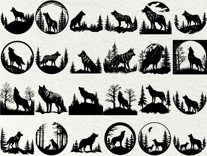 Peut inclure: Une collection de 20 images en silhouette noire et blanche de loups dans diff&eacute;rentes poses, certains hurlant, certains debout, certains assis, tous entour&eacute;s d'arbres et de feuillage.