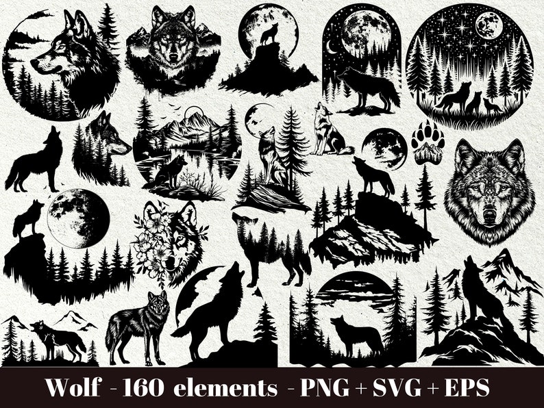 May include: A collection of 160 black and white vector illustrations of wolves, trees, mountains, and moons. The images are perfect for creating digital designs, crafts, and more.