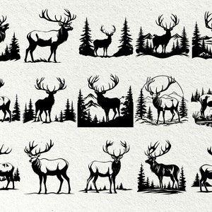 May include: A collection of ten black and white silhouette illustrations of deer with antlers. The deer are standing in various poses in front of a forest background. Some of the deer are standing in front of mountains.