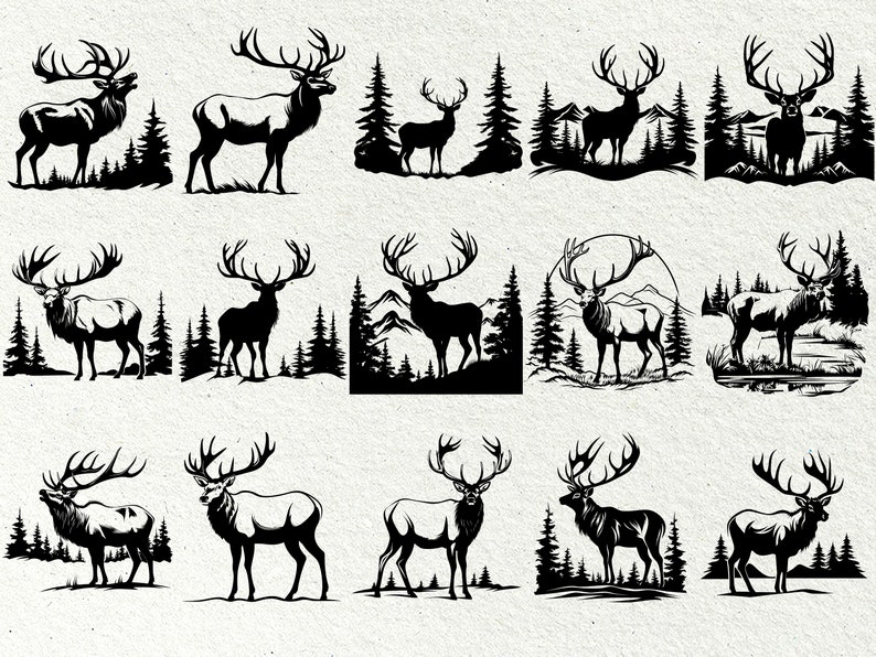May include: A collection of ten black and white silhouette illustrations of deer with antlers. The deer are standing in various poses in front of a forest background. Some of the deer are standing in front of mountains.