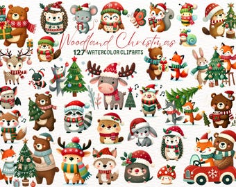 Clipartbundel kerst bosdieren / Clipart schattige bosdieren / Clipart Kerstmis in het bos / Clipart winter bosdieren