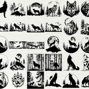 May include: A collection of 24 black and white wolf silhouette illustrations. The wolves are howling, running, and standing in various poses. Some of the illustrations feature a full moon, trees, and mountains in the background.