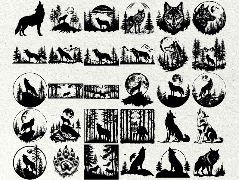 May include: A collection of 24 black and white wolf silhouette illustrations. The wolves are howling, running, and standing in various poses. Some of the illustrations feature a full moon, trees, and mountains in the background.
