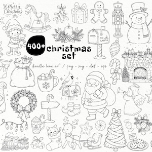 Op de afbeelding: Een verzameling zwart-wit kerst-lijnillustraties met de kerstman, een sneeuwpop, een notenkraker, een peperkoekmannetje, een rendier, een open haard, cadeaus, een kerstboom en de tekst 400+ christmas set doodle line art.