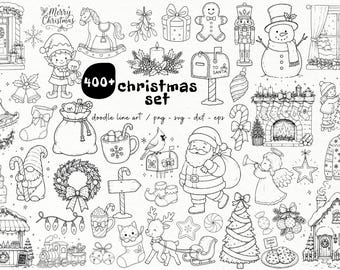 Puede incluir: Una colección de ilustraciones de línea en blanco y negro con temática navideña que incluye a Santa Claus, un muñeco de nieve, un cascanueces, un hombre de jengibre, un reno, una chimenea, regalos, un árbol de Navidad y el texto 400+ christmas set.
