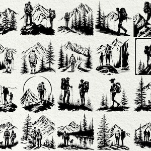 May include: A collection of black and white illustrations depicting hikers in mountainous landscapes. Each image shows a person with a backpack, often with hiking poles, traversing trails and climbing peaks. The scenes include trees and various mountain formations.