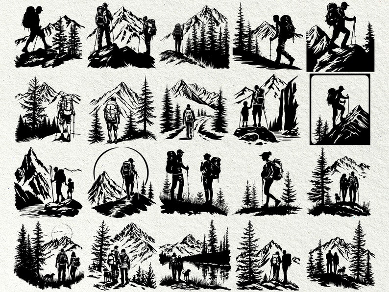 May include: A collection of black and white illustrations depicting hikers in mountainous landscapes. Each image shows a person with a backpack, often with hiking poles, traversing trails and climbing peaks. The scenes include trees and various mountain formations.