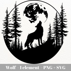 May include: Black and white silhouette of a wolf howling at the moon in a forest setting. The wolf is standing on a hill with trees behind it. The moon is full and round.
