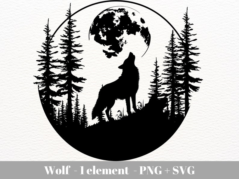 May include: Black and white silhouette of a wolf howling at the moon in a forest setting. The wolf is standing on a hill with trees behind it. The moon is full and round.