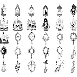 Puede incluir: Una colecci&oacute;n de cuarenta ilustraciones de arte lineal en blanco y negro que presentan linternas, manos con s&iacute;mbolos celestiales, calaveras, velas, espejos, escobas y dagas. Cada icono est&aacute; detallado con estrellas, lunas y elementos florales en una cuadr&iacute;cula.