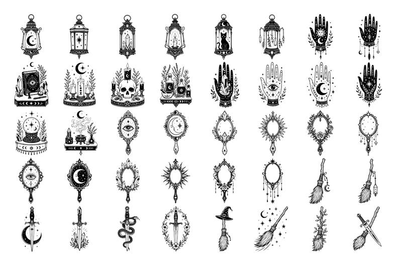 Puede incluir: Una colecci&oacute;n de cuarenta ilustraciones de arte lineal en blanco y negro que presentan linternas, manos con s&iacute;mbolos celestiales, calaveras, velas, espejos, escobas y dagas. Cada icono est&aacute; detallado con estrellas, lunas y elementos florales en una cuadr&iacute;cula.