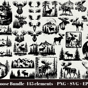 Alce svg per laser / Caccia all'alce svg / File SVG alce / Alce nel bosco / Silhouette alce / Paesaggio forestale SVG / Uso commerciale svg