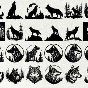 Peut inclure: Une collection de 20 images en silhouette noire et blanche de loups dans diff&eacute;rentes poses, y compris hurler, courir et se tenir debout. Certaines images pr&eacute;sentent une lune, des arbres et d'autres &eacute;l&eacute;ments de la for&ecirc;t.