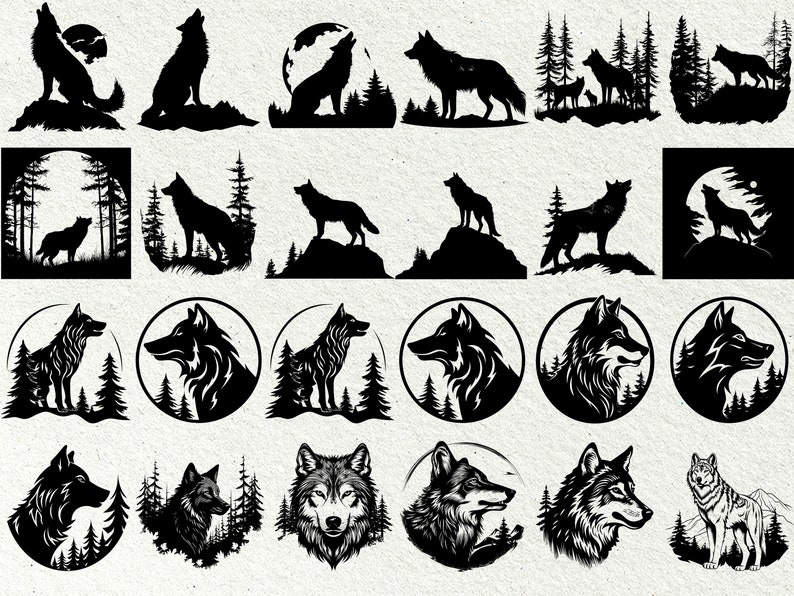 Peut inclure: Une collection de 20 images en silhouette noire et blanche de loups dans diff&eacute;rentes poses, y compris hurler, courir et se tenir debout. Certaines images pr&eacute;sentent une lune, des arbres et d'autres &eacute;l&eacute;ments de la for&ecirc;t.