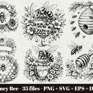 Könnte beinhalten: Schwarz-Weiß-Illustrationen von Bienen, Waben und Blumen. Die Bilder zeigen eine Biene auf einer Sonnenblume, eine Biene auf einer Wabe, einen Bienenstock, ein Banner, ein Glas Honig und einen Honiglöffel. Der Text "Honey Bee - 35 Dateien - PNG + SVG + EPS + DXF" steht unten.