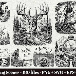 Könnte beinhalten: Eine Sammlung von schwarz-weißen digitalen Illustrationen, die verschiedene Jagdszenen zeigen, darunter Hirsche, Jäger mit Bögen und Gewehren, Jagdhunde und Wasservögel. Der Text am unteren Rand lautet Hunting Scenes - 180 files - PNG + SVG + EPS + DXF.